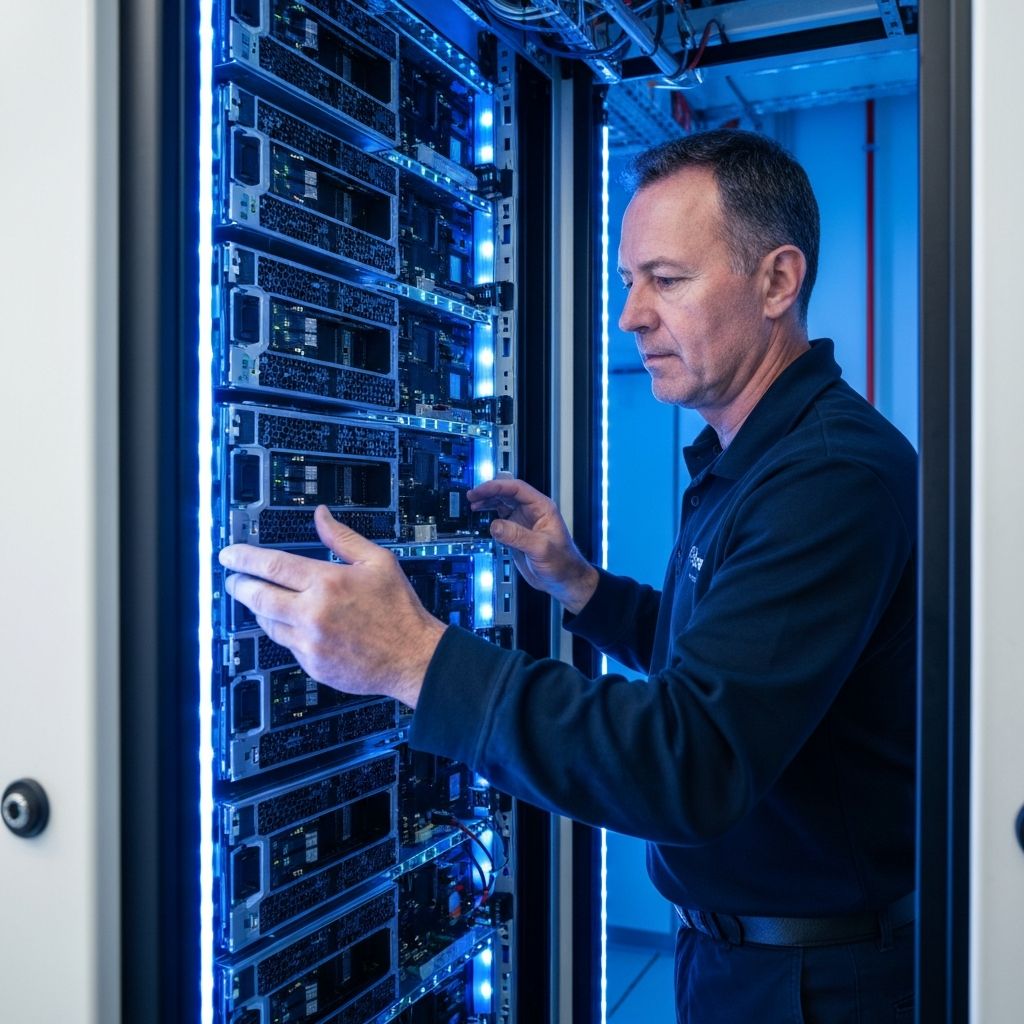 Technician installing AI server rack